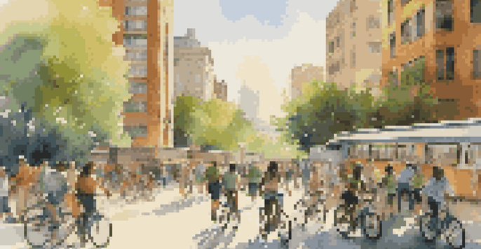 A lively city landscape with modern buildings, green parks, and people enjoying outdoor activities under a sunny sky.