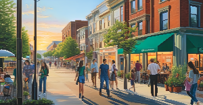 A lively urban neighborhood filled with young professionals, cafes, and modern buildings during sunset.