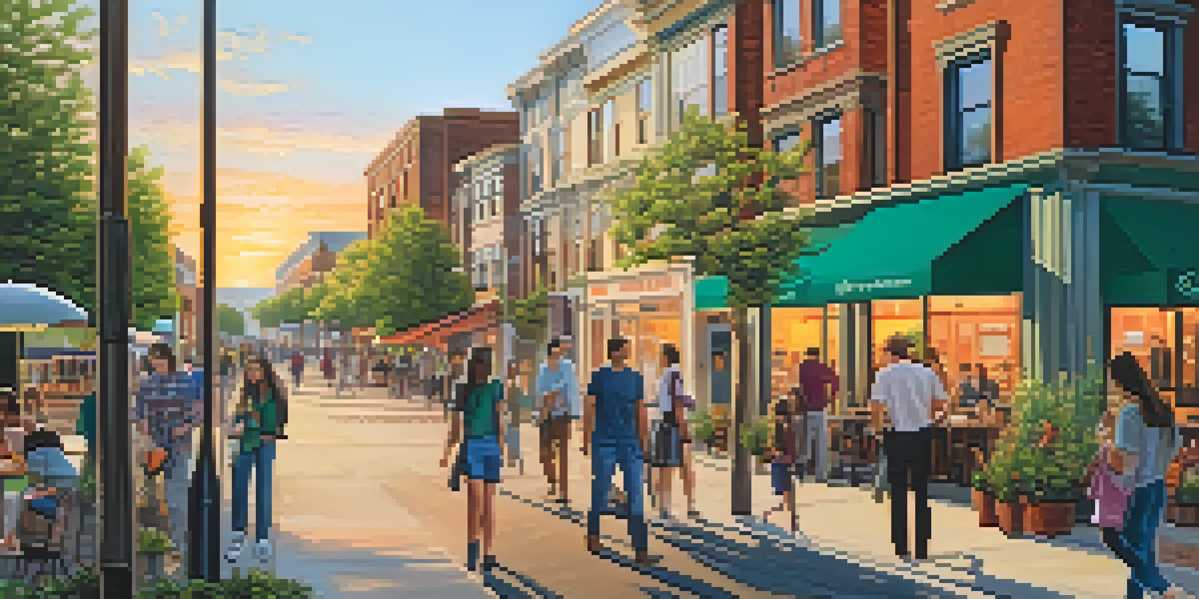 A lively urban neighborhood filled with young professionals, cafes, and modern buildings during sunset.