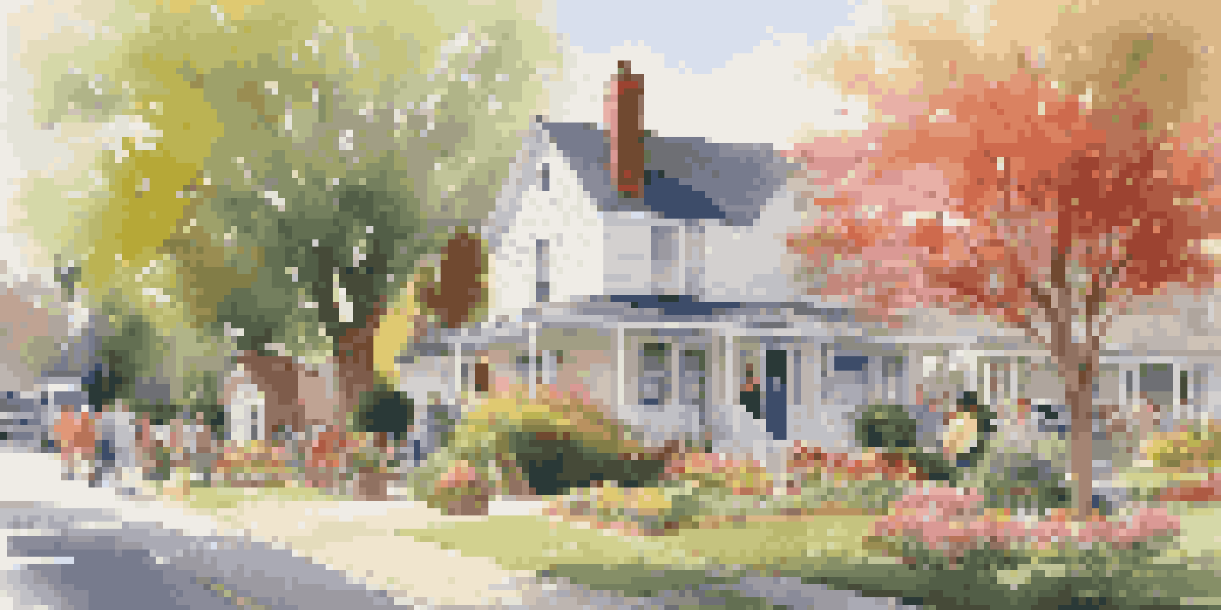 A lively open house with diverse attendees engaging in conversation and enjoying refreshments in a colorful front yard.