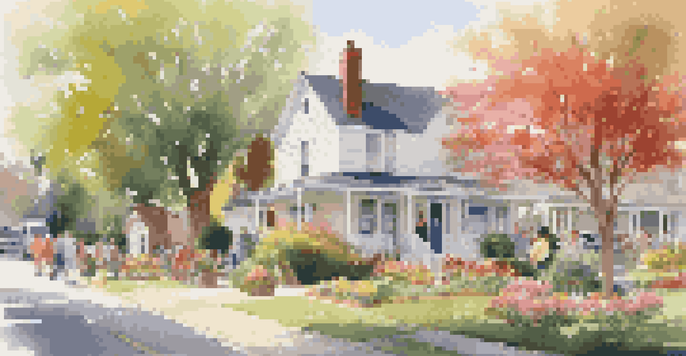 A lively open house with diverse attendees engaging in conversation and enjoying refreshments in a colorful front yard.
