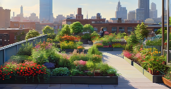 A rooftop garden filled with diverse plants and flowers, with a city skyline visible in the background, under warm sunlight.