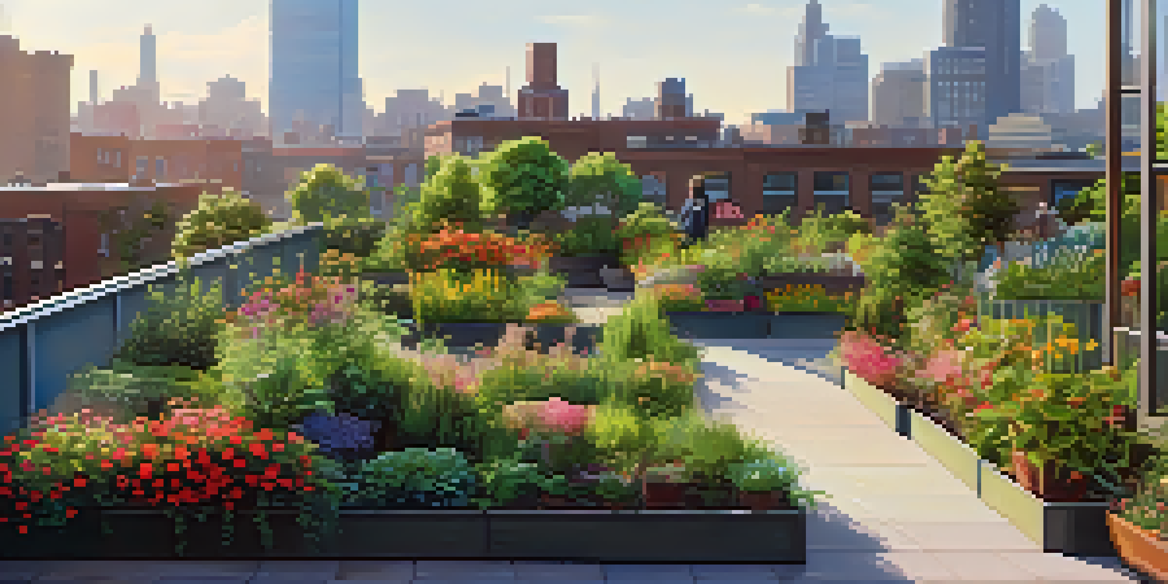 A rooftop garden filled with diverse plants and flowers, with a city skyline visible in the background, under warm sunlight.
