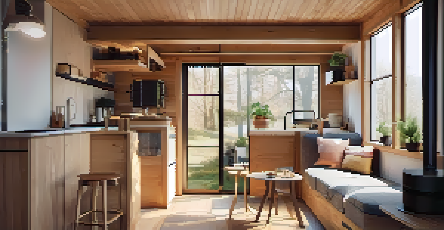 Interior view of a tiny home showcasing a minimalist design with a kitchen, living area, and workspace, all bathed in soft warm light.