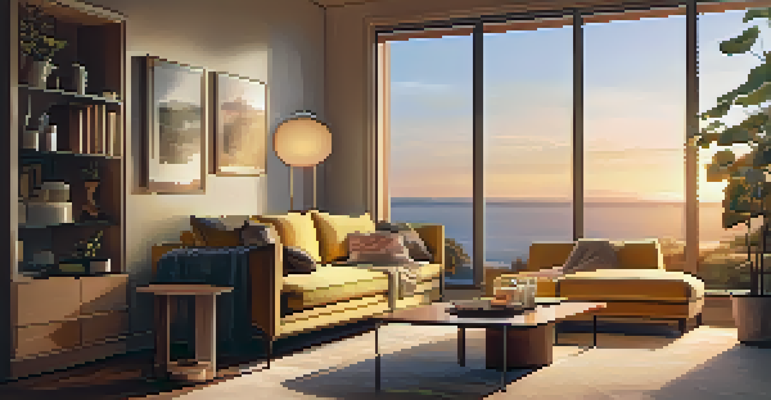 A cozy living room with warm smart lighting, a plush sofa, and a sunset view from the window.
