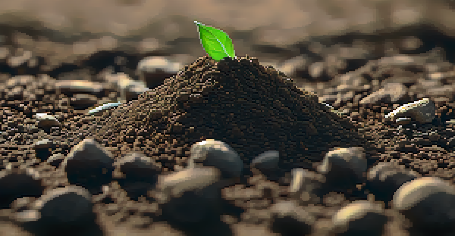 A close-up view of a soil sample from raw land, showing its texture and quality against a blurred green background.