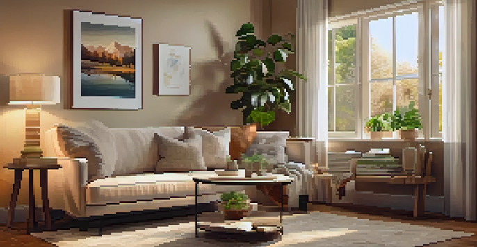 A cozy living room with a sofa, coffee table, and a home warranty document, illuminated by warm lighting, with a garden view outside.
