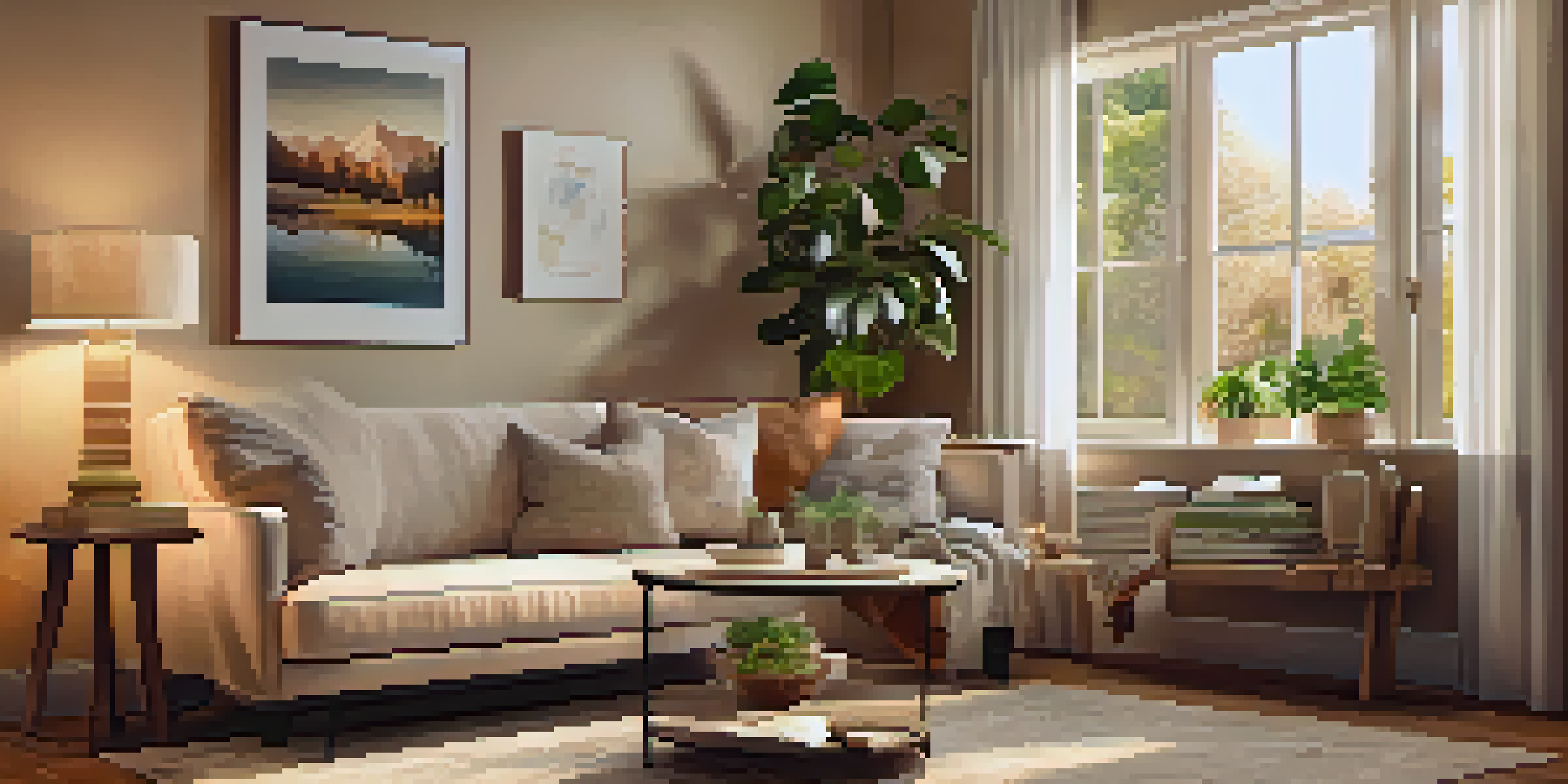 A cozy living room with a sofa, coffee table, and a home warranty document, illuminated by warm lighting, with a garden view outside.