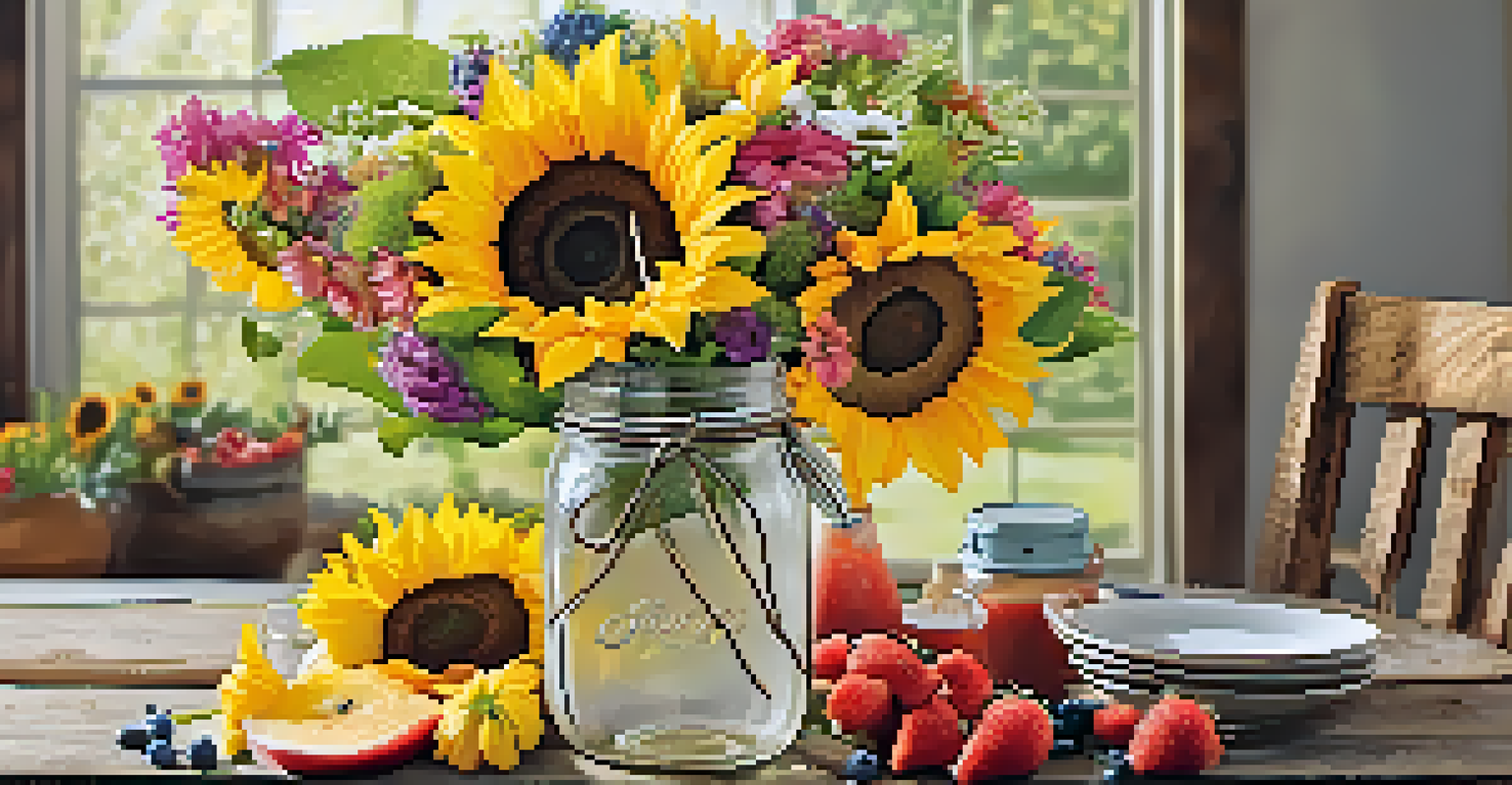 A mason jar filled with sunflowers and daisies on a rustic wooden table with fruits.