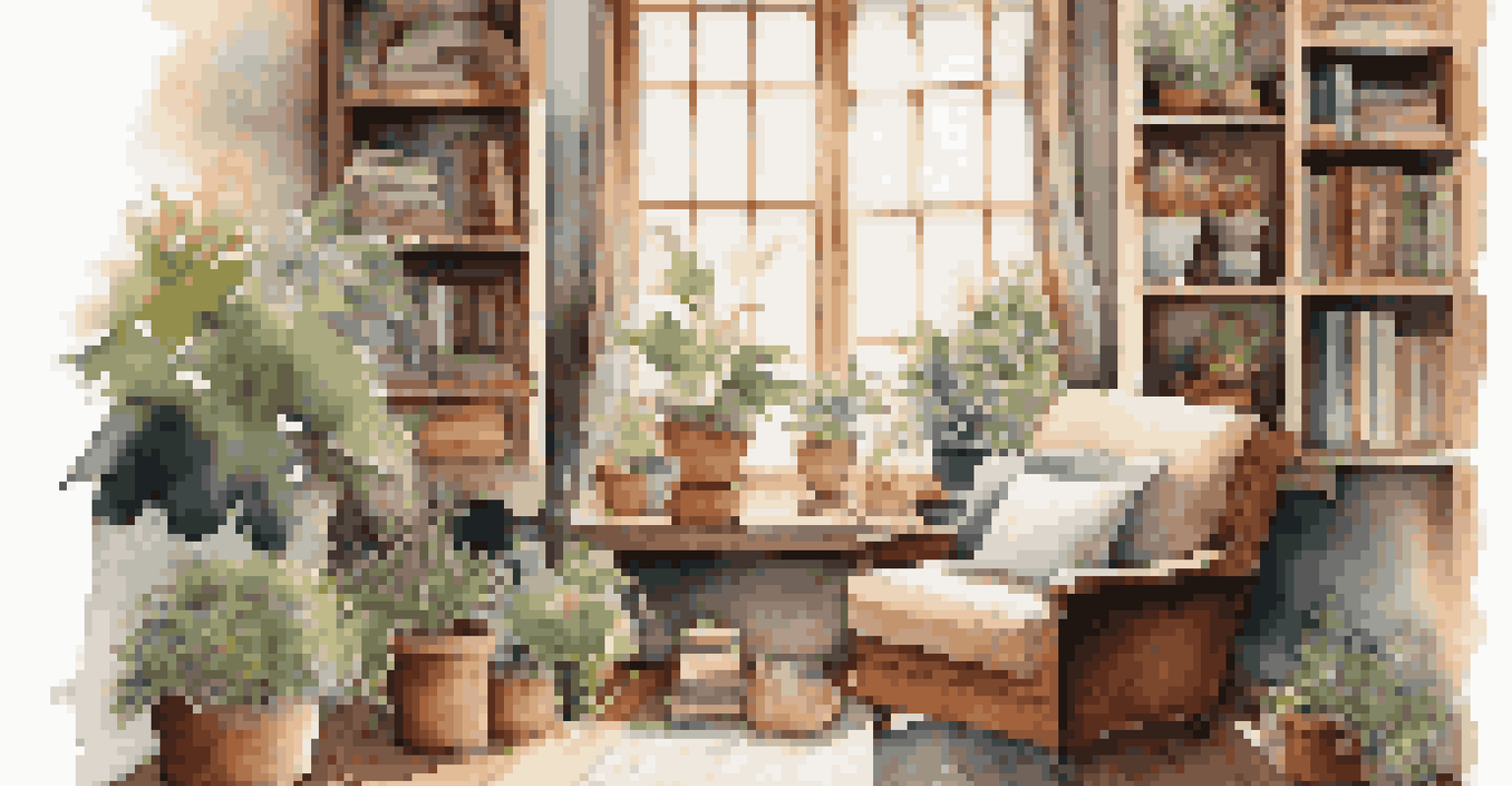 A cozy reading nook with an armchair, potted plants, and vintage decor, bathed in natural sunlight.