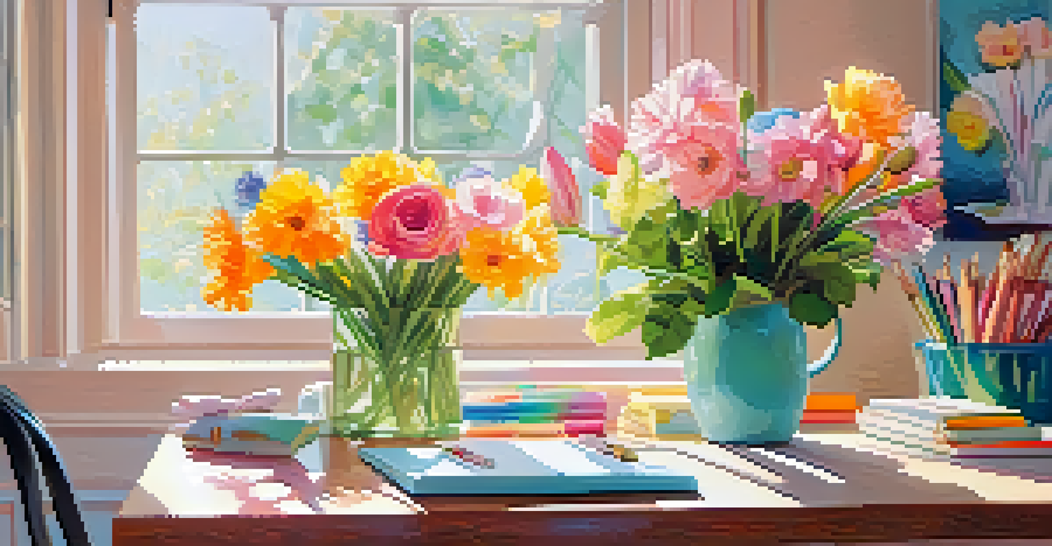 A vibrant home office decorated for spring with pastel colors and floral accessories.