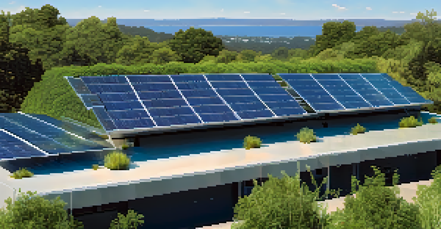 A solar panel installation outdoors with blue sky and greenery, sunlight reflecting off the panels.