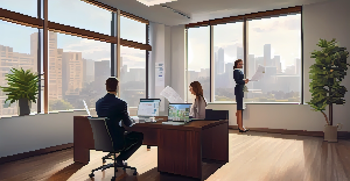 An office setting where a real estate agent explains financing options to a couple, with documents and a laptop on the table.