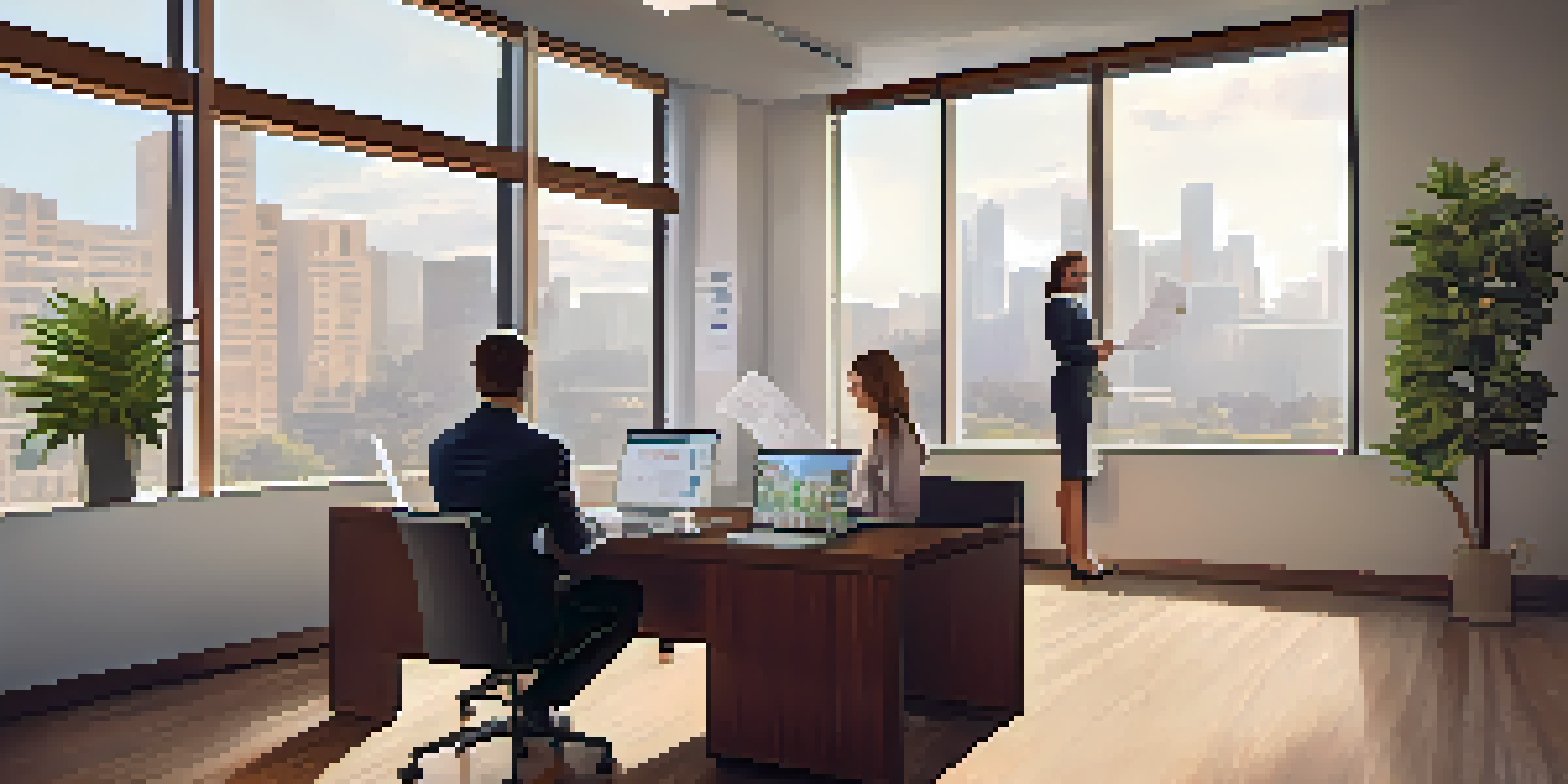 An office setting where a real estate agent explains financing options to a couple, with documents and a laptop on the table.