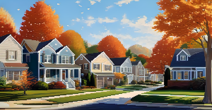 A peaceful suburban neighborhood with diverse homes and colorful autumn trees under a clear blue sky.