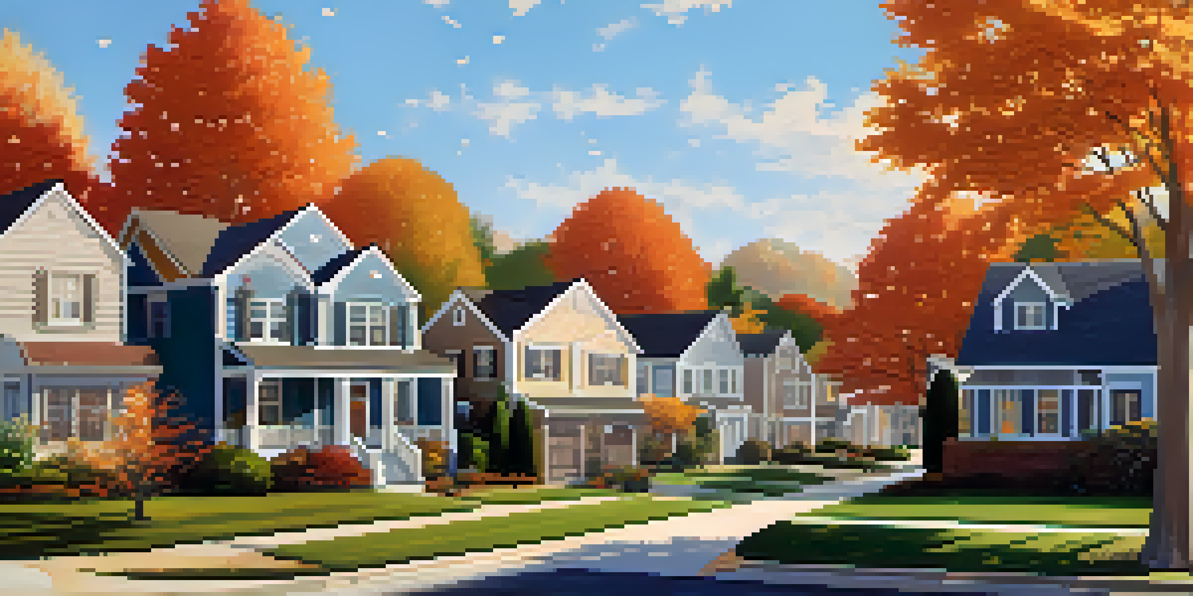 A peaceful suburban neighborhood with diverse homes and colorful autumn trees under a clear blue sky.