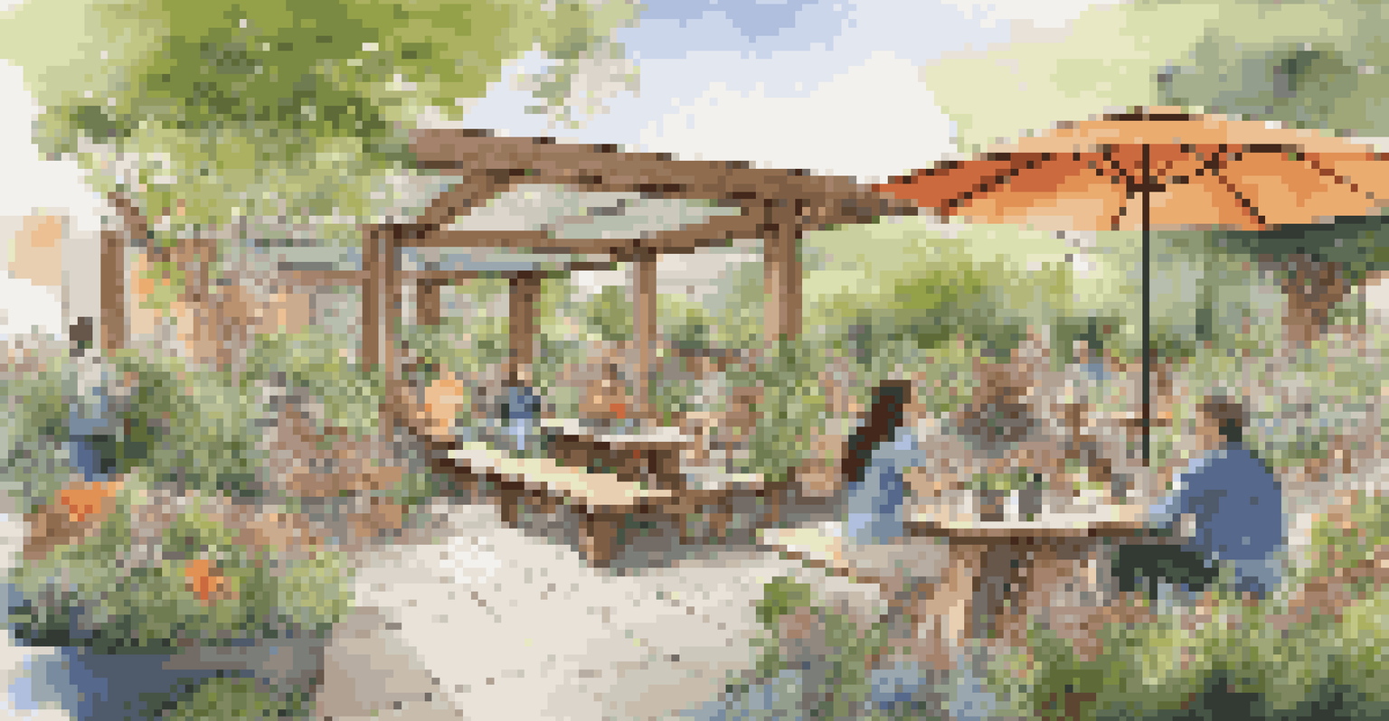 A communal garden with greenery, flowers, and people socializing, designed to promote community and well-being.