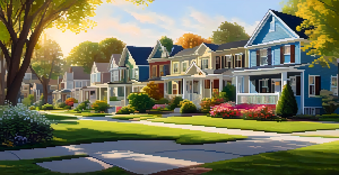 A peaceful suburban neighborhood with beautiful homes and a sunny community park.