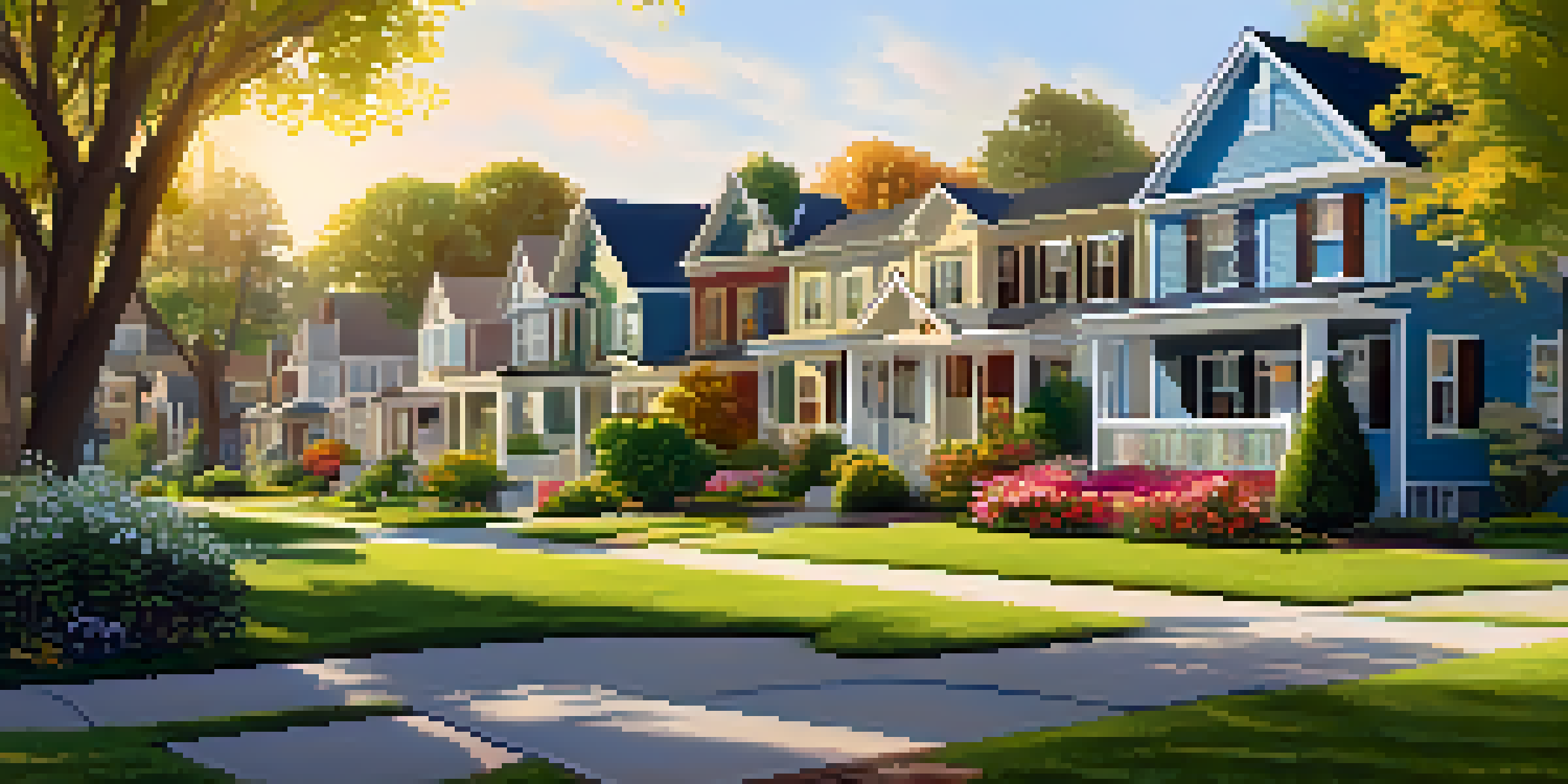 A peaceful suburban neighborhood with beautiful homes and a sunny community park.
