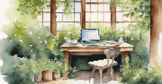 A modern outdoor office setup with a desk, laptop, and vibrant greenery around it.