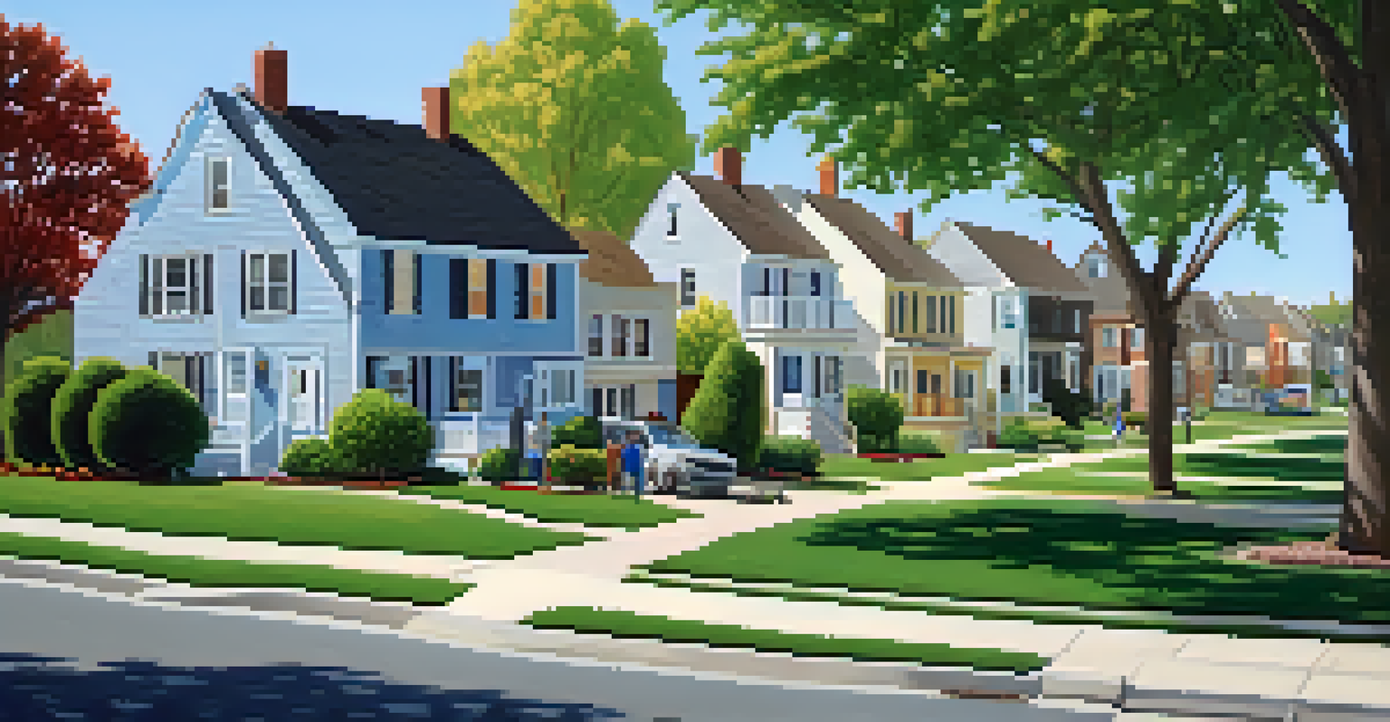 A picturesque suburban neighborhood with diverse houses and a couple discussing in front of a home under a clear blue sky.