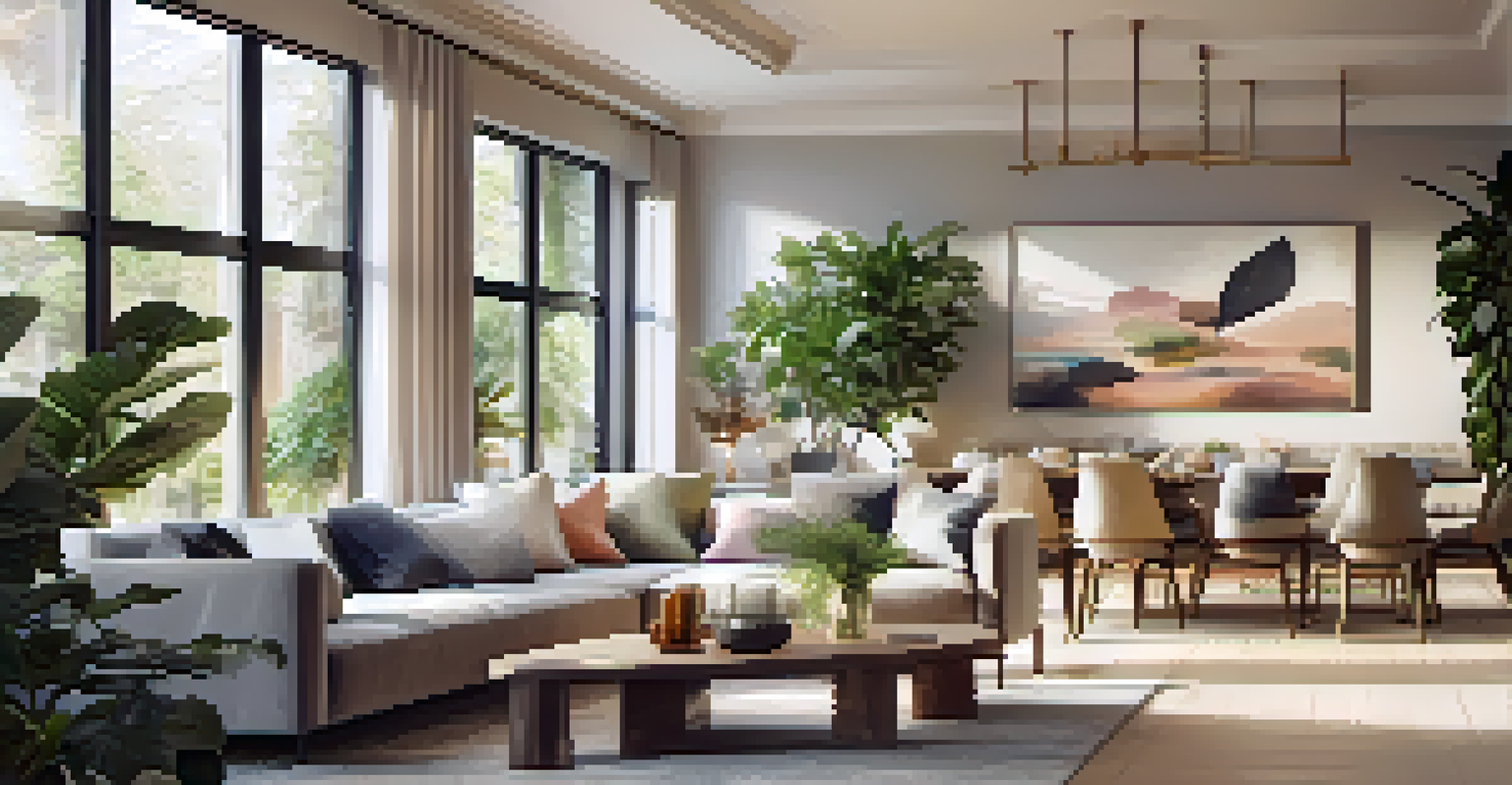 A stylish open living space with a large artwork, comfortable seating, and a well-defined dining area, illuminated by warm lighting.