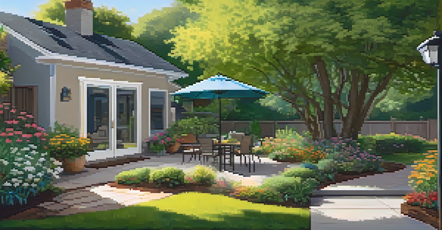 A landscaped backyard with native plants, a shaded seating area, and a visible rainwater collection system under sunlight.