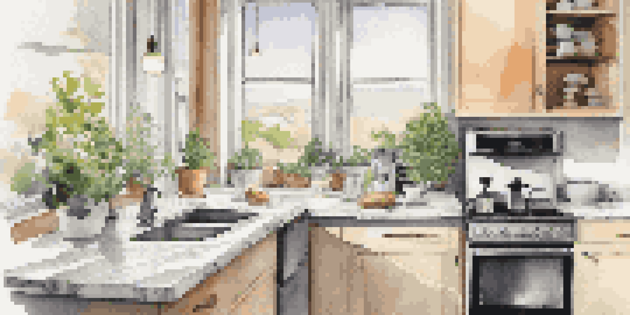 A bright kitchen with a smart coffee maker brewing coffee, surrounded by modern appliances and fresh herbs.