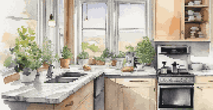 A bright kitchen with a smart coffee maker brewing coffee, surrounded by modern appliances and fresh herbs.