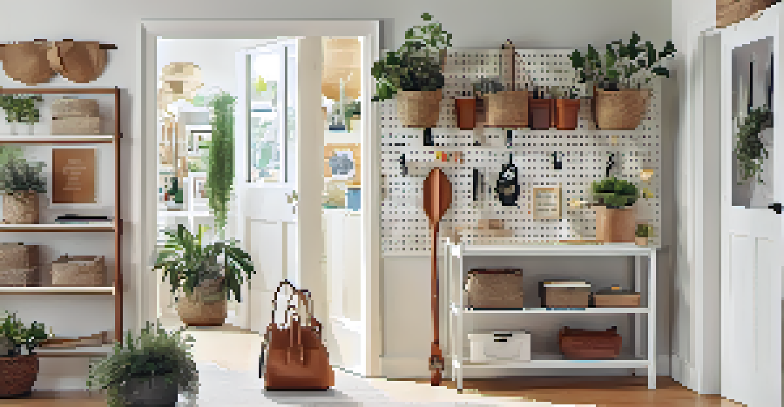 An organized entryway with hanging storage solutions for keys and bags, decorated with plants and personal touches.
