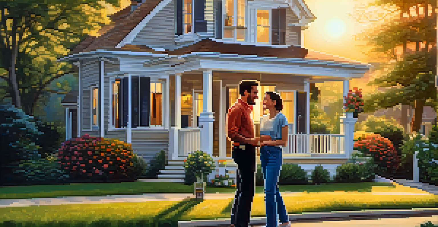 A couple standing in front of a charming house with a 'For Sale' sign, discussing their home buying journey as the sun sets.