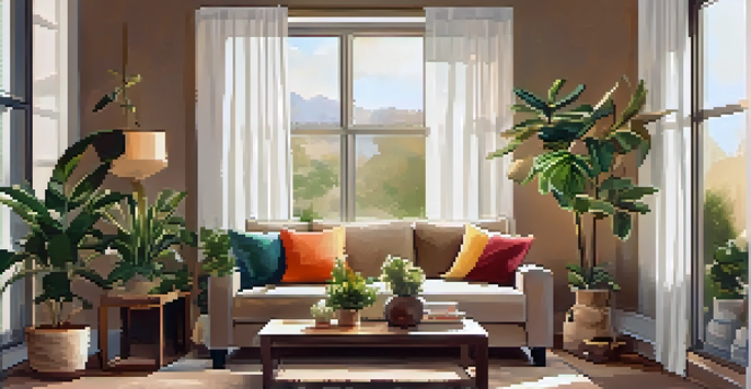 A bright and cozy small living room with natural light, stylish overhead lighting, a plush sofa, and a large mirror reflecting sunlight.