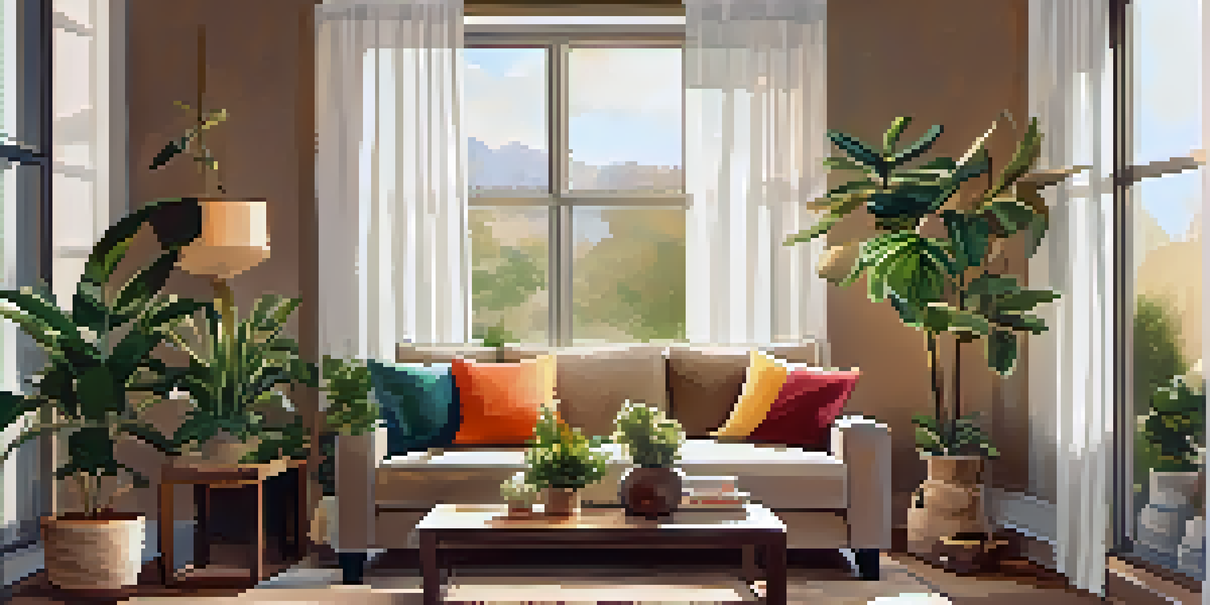 A bright and cozy small living room with natural light, stylish overhead lighting, a plush sofa, and a large mirror reflecting sunlight.