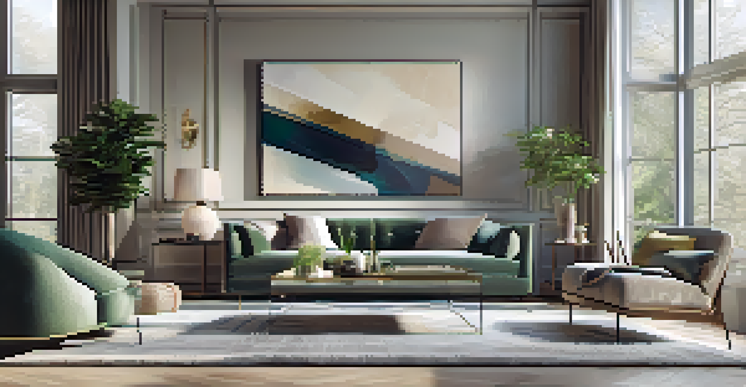 A stylish living room interior with modern furniture and large windows, showcasing natural light and elegant decor.