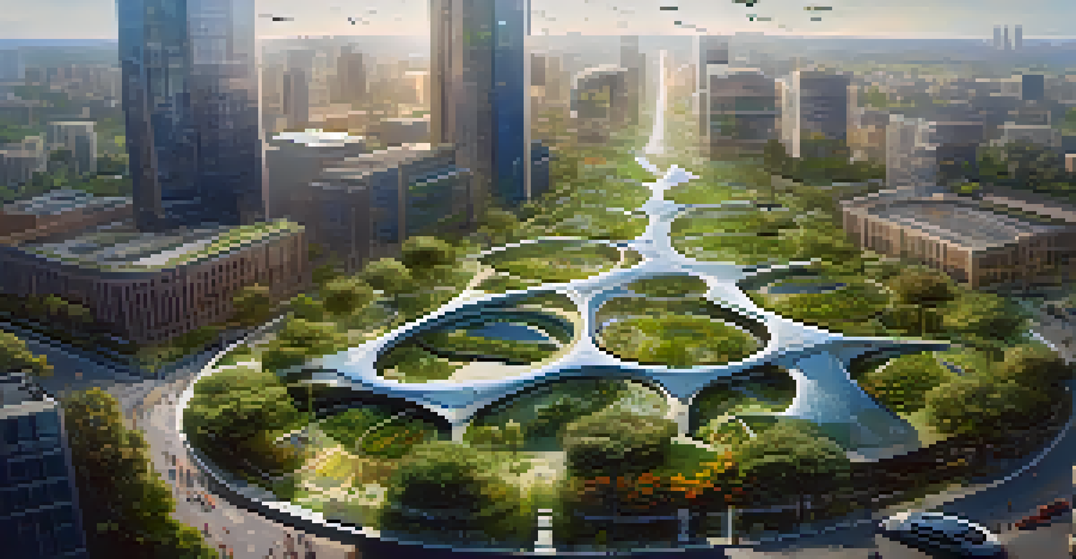 An aerial perspective of a modern urban area with parks, solar buildings, and drones, illustrating the balance of technology and nature in city planning.