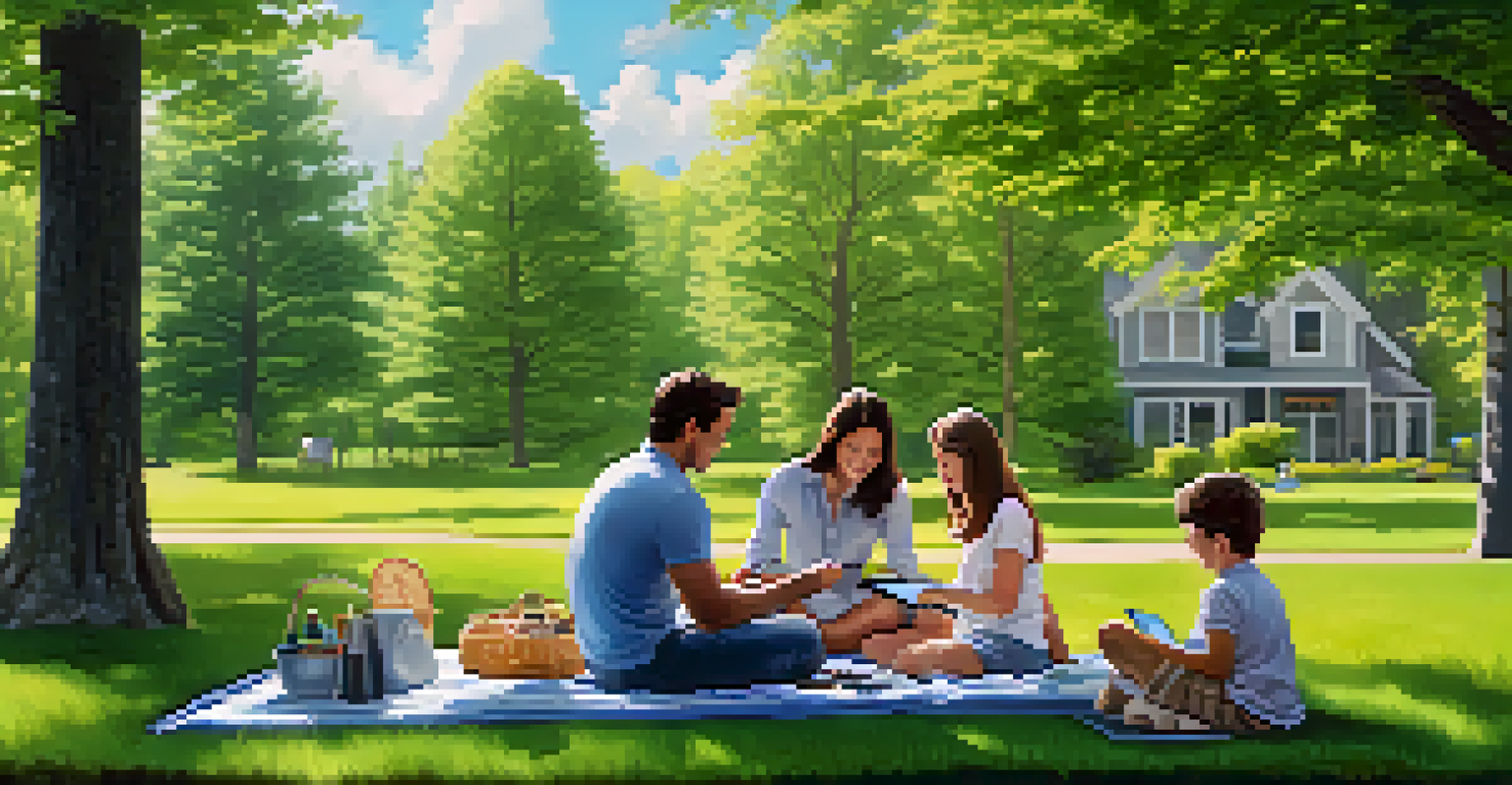 A family having a picnic in a park while using a tablet to check their home energy use.