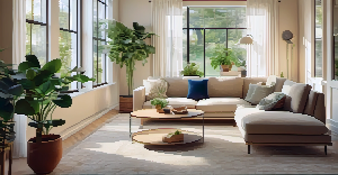 A bright and cozy living room in a rental property with a modern sofa, coffee table, and sunlight streaming through a large window.