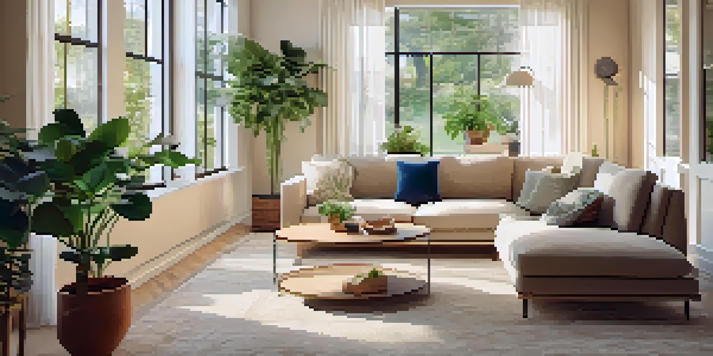 A bright and cozy living room in a rental property with a modern sofa, coffee table, and sunlight streaming through a large window.