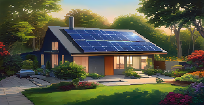 A modern eco-friendly home in a green landscape during sunset, surrounded by gardens and solar panels.