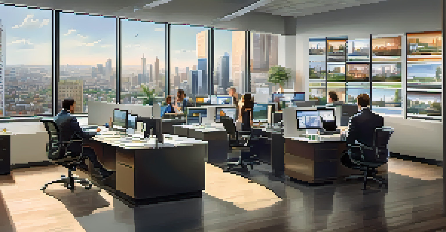 A bustling real estate office with agents discussing and working on computers, with vibrant property posters on the walls and a city view through the window.