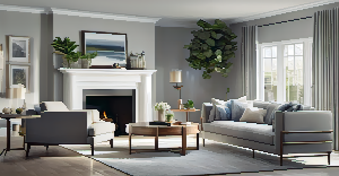 A well-decorated living room with gray walls, a sofa near a fireplace, plants, and natural light from curtains.