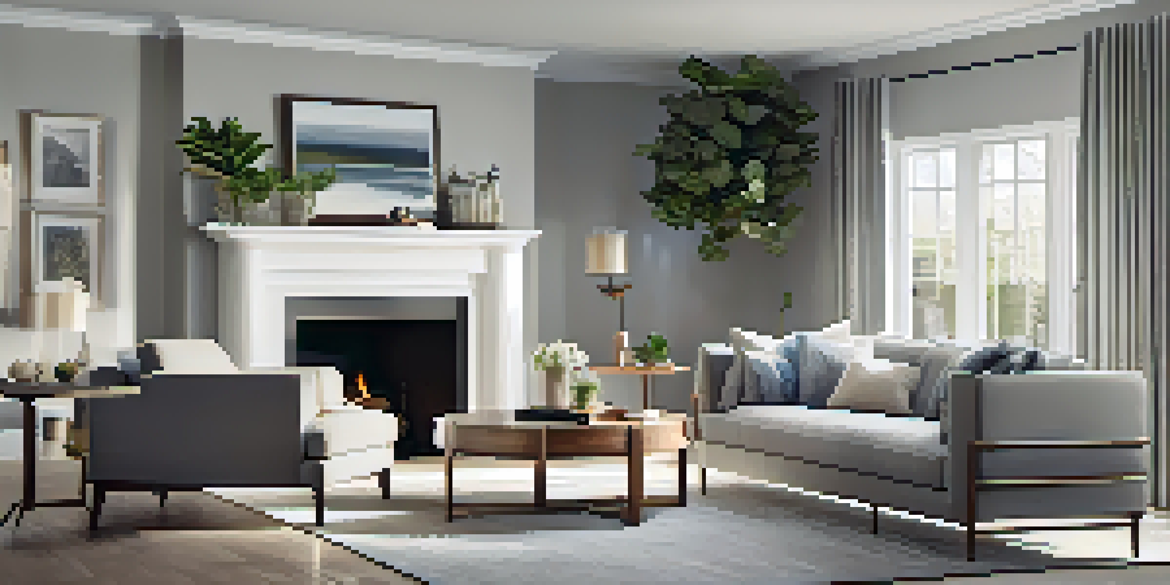 A well-decorated living room with gray walls, a sofa near a fireplace, plants, and natural light from curtains.