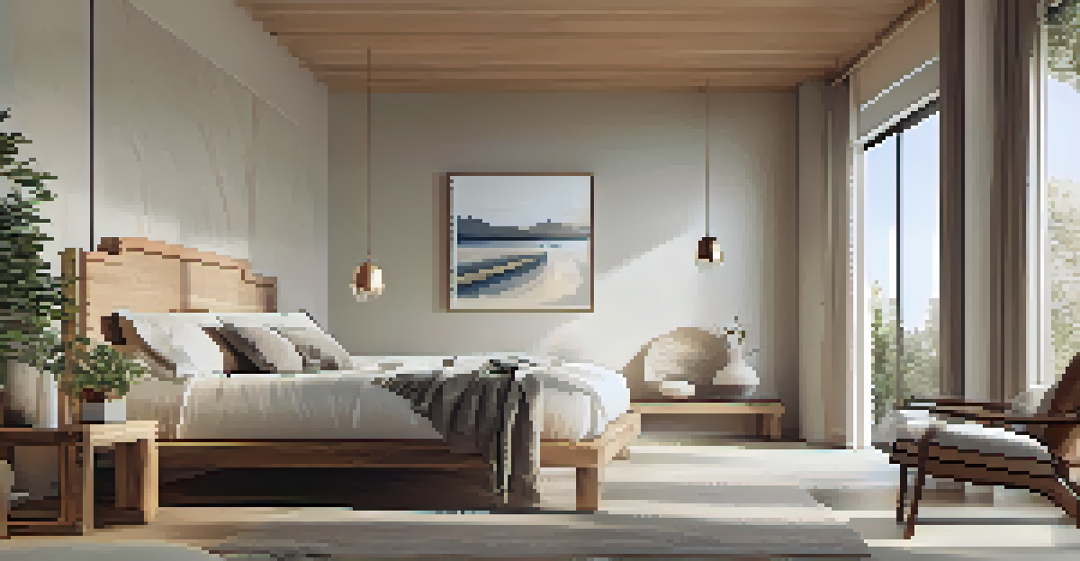 A bright and airy bedroom with a minimalist wooden bed frame and natural light streaming in from a large window.