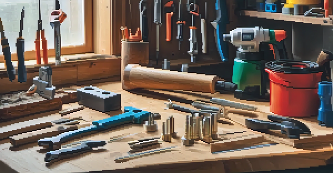 A well-organized DIY workspace with various hand and power tools on a pegboard and a wooden workbench.