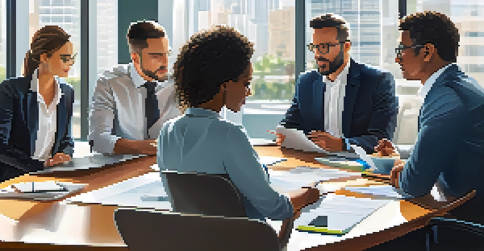 A diverse group of professionals in a bright office discussing real estate syndication around a conference table with laptops and documents.