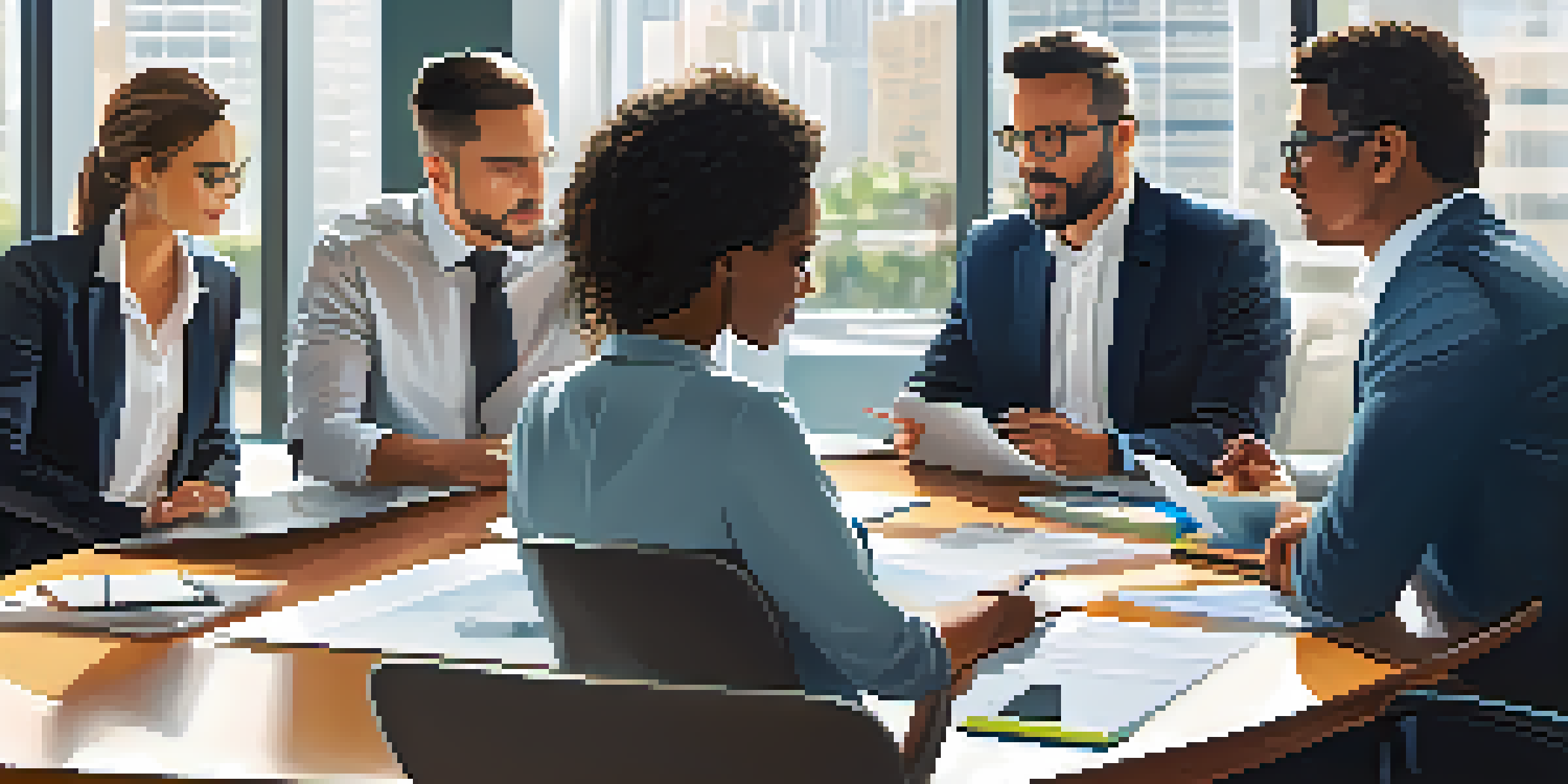 A diverse group of professionals in a bright office discussing real estate syndication around a conference table with laptops and documents.