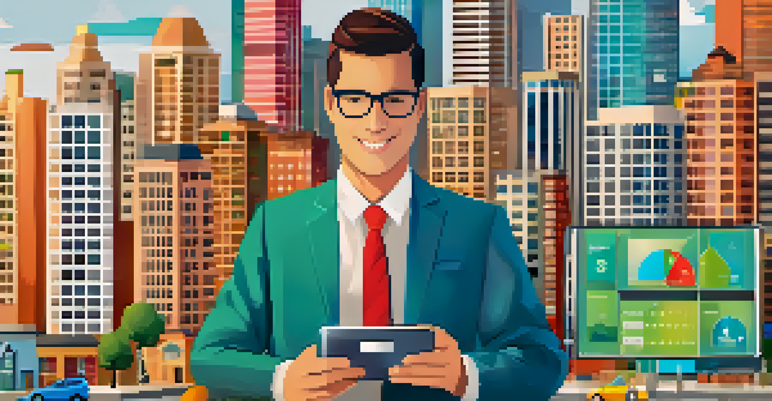 A real estate agent using a mobile app amidst a city skyline, with icons representing property features.