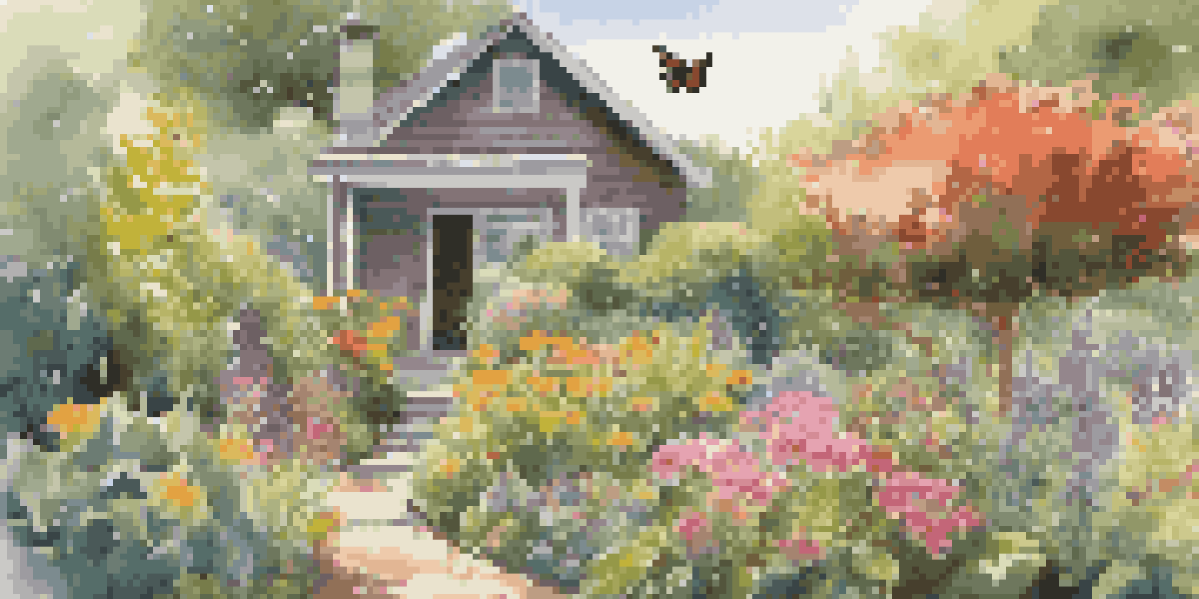 A colorful sustainable garden with various native plants, bright sunlight filtering through leaves, a butterfly among flowers, a rain barrel, and a compost bin.