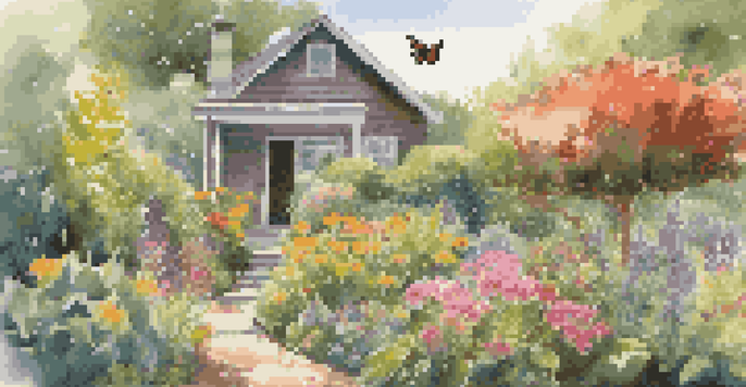 A colorful sustainable garden with various native plants, bright sunlight filtering through leaves, a butterfly among flowers, a rain barrel, and a compost bin.