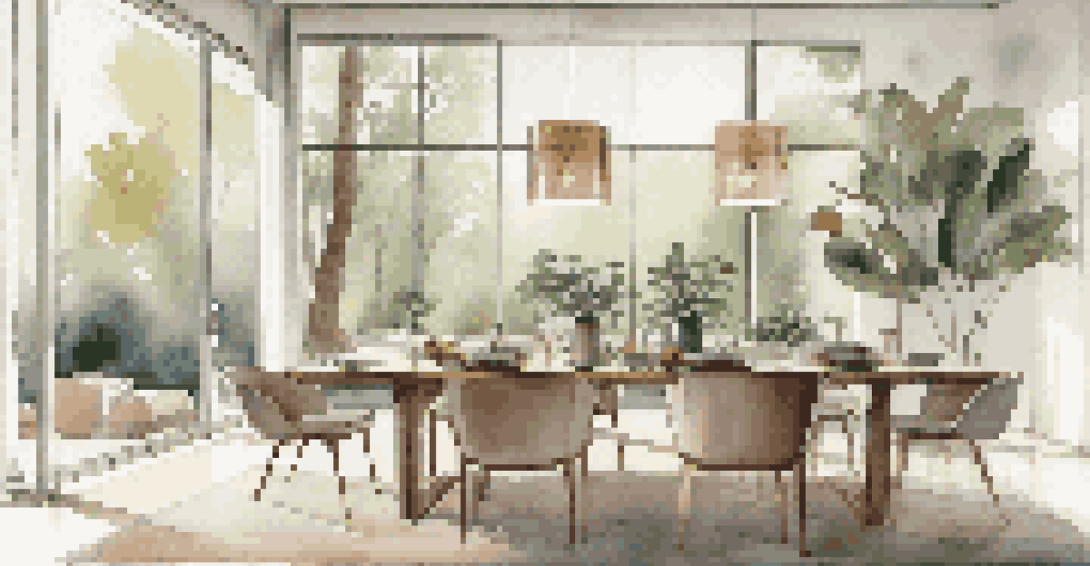 An elegant dining area with a row of rubber trees acting as a natural divider, set with stylish dinnerware and bathed in natural light.